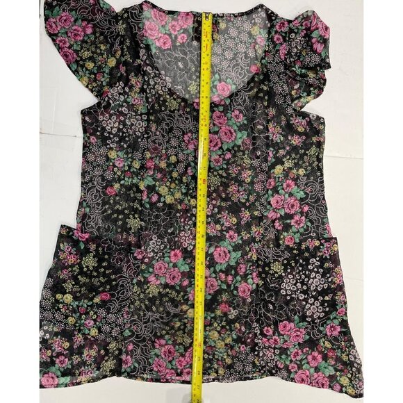 PINK ROSE Womens Sheer Boho Floral Top Large Black Multi Chiffon Slouch Pockets - Picture 14 of 16